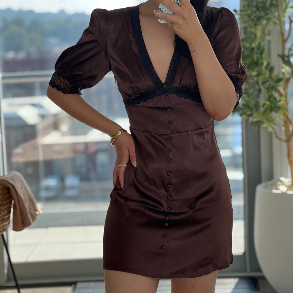 Coffee Satin Puff Sleeve Dress